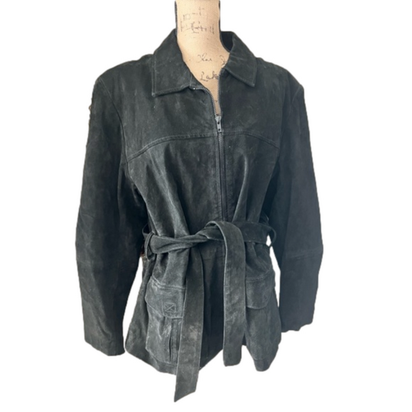 Middlebrooke Park VINTAGE Black Zip Up Leather Jacket Tie Waist Excellent Size L - Picture 1 of 5